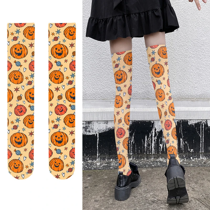 

New Women Over Knee Stockings Funny Pumpkin Skull Print Thigh Sexy Stockings Fashion Kawaii Lolita Halloween Stockings Cosplay