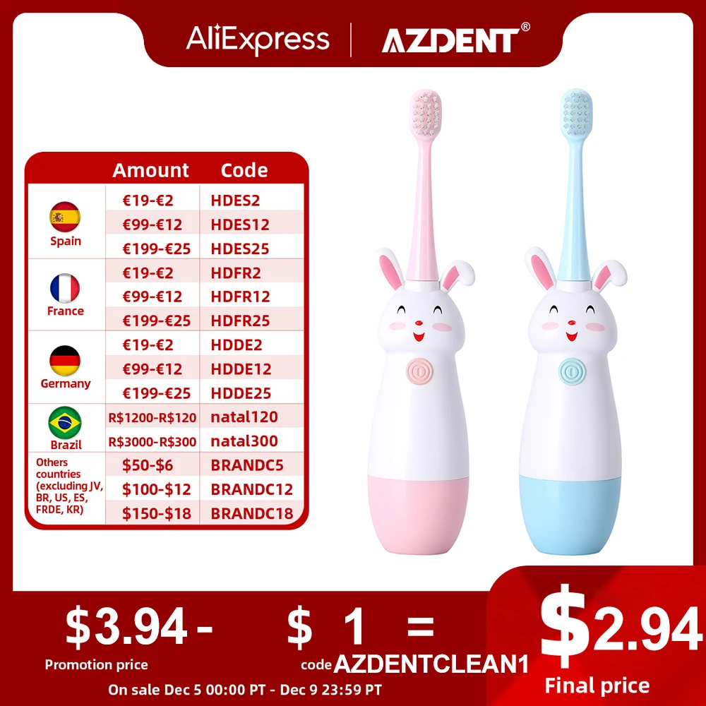 AZDENT Children Electric Toothbrush Fit for 3-12 Ages Kids Cartoon Pattern Soft Replacement Heads Blue/Pink