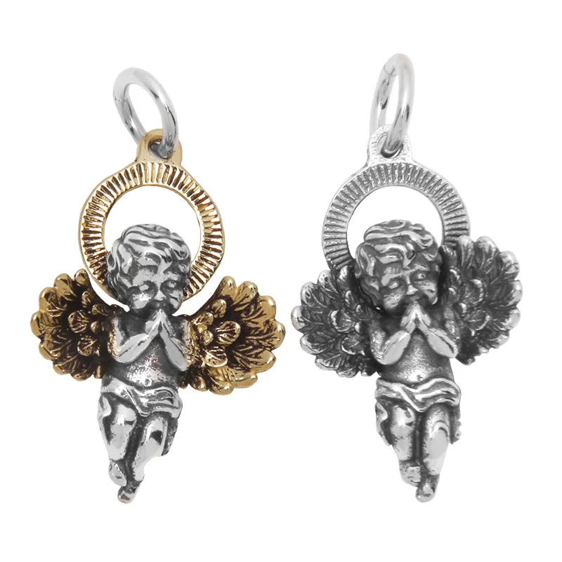 

Cherub Pendant Necklace Vintage 925 Sterling Silver Little Boy Angel with Brass Wings Two Tone Fine Jewelry for Women and Men
