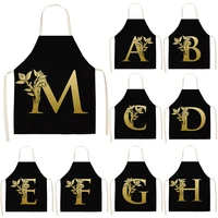 gold letter alphabet pattern kitchen apron for woman sleeveless cotton linen aprons cooking home cleaning tools tablier delantal