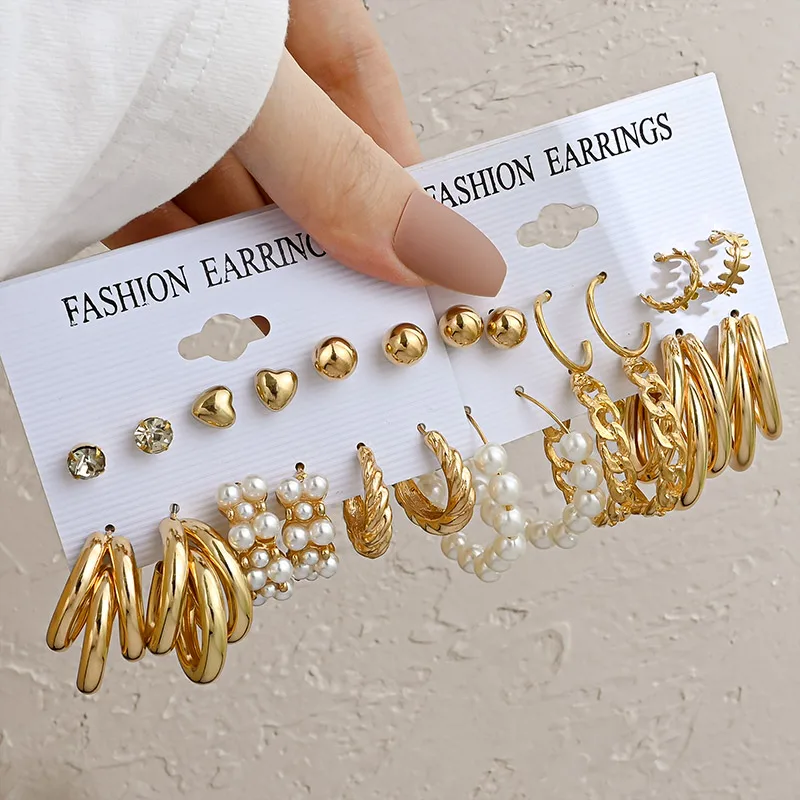 Conjunto de pendientes geométricos de oro Vintage para mujer, aretes de aro de círculo de perlas a la moda, regalos de joyería femeninos de tendencia 2022