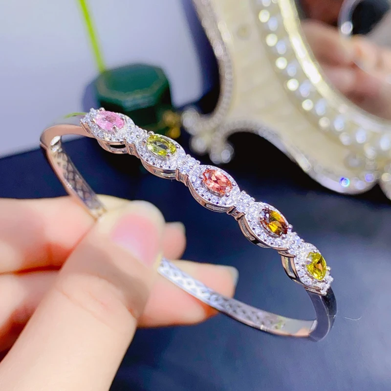 Женский позолоченный браслет с натуральным турмалином серебро 925 пробы