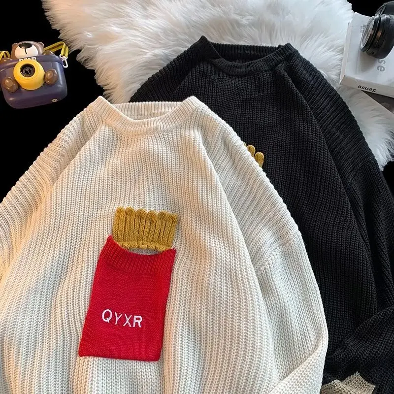 

YlSHioo Winter High Street Vintage Fries Splicing Sweater Hip Hop Streetwear Sweater Men Pullover Winter Retro O-neck Tops Men