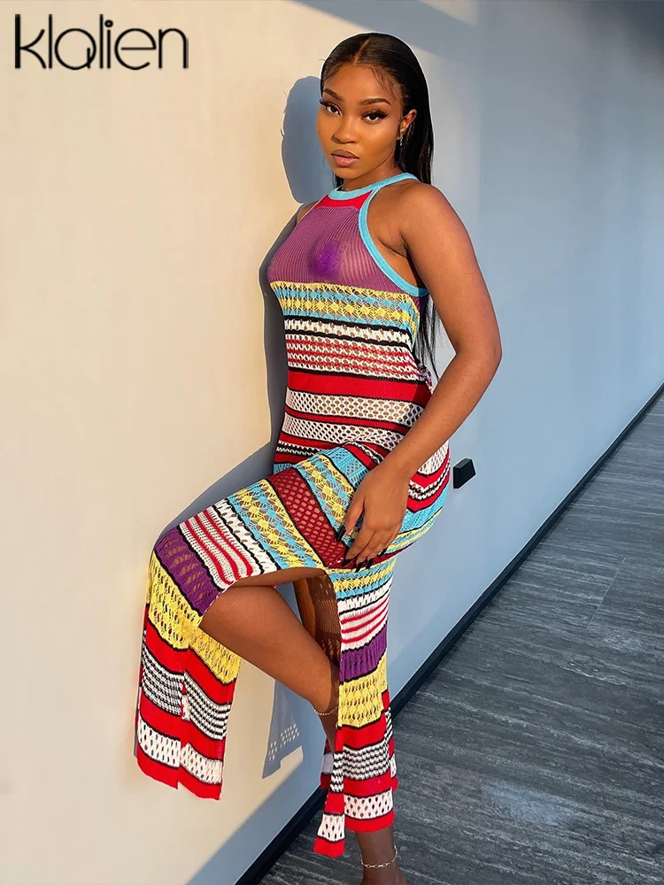 

KLALIEN Fashion Solid Print Sexy See Through Mesh Maxi Dress Women Simple Wild Slim Stretch Streetwear Office Lady Long Dress