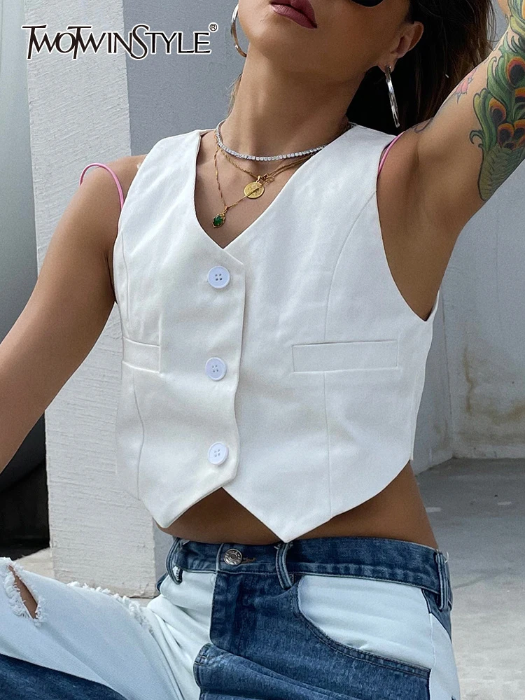 

TWOTWINSTYLE Summer Vest For Women V Neck Sleeveless Solid Minimalist Single Breasted Tank Tops Female Fashion Clothing New 2022