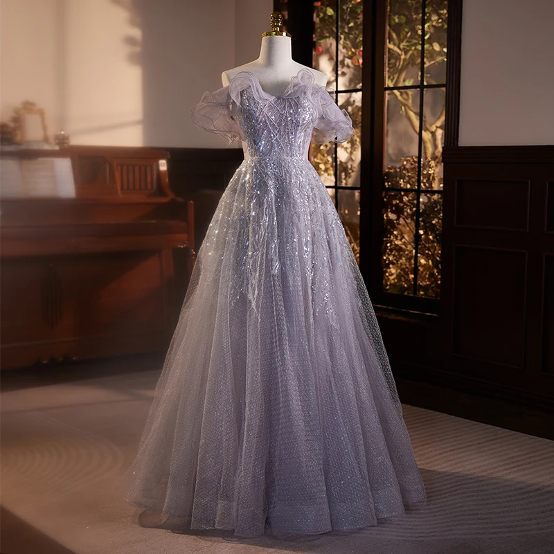 

Женское вечернее платье с блестками, фиолетовое плиссированное платье до пола с вырезом лодочкой и коротким рукавом, модель B2815