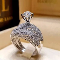 new fashion solid silver color 2pcset cz crystal wedding engagement ring full zircon ring for women princess cut ring
