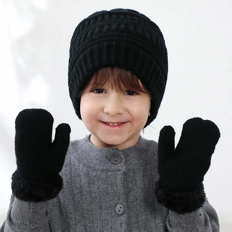 

2022New Winter Hat Gloves Set for Kids Acrylic Wool Beanie Cap 1-6 Years Baby Boys Girls Children Knitted Hats Warm Cute Bonnets