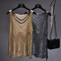 2022 summer womens sequins sexy hollow camisole bright silk gold thread sleeveless bottoming shirt knitted slim top