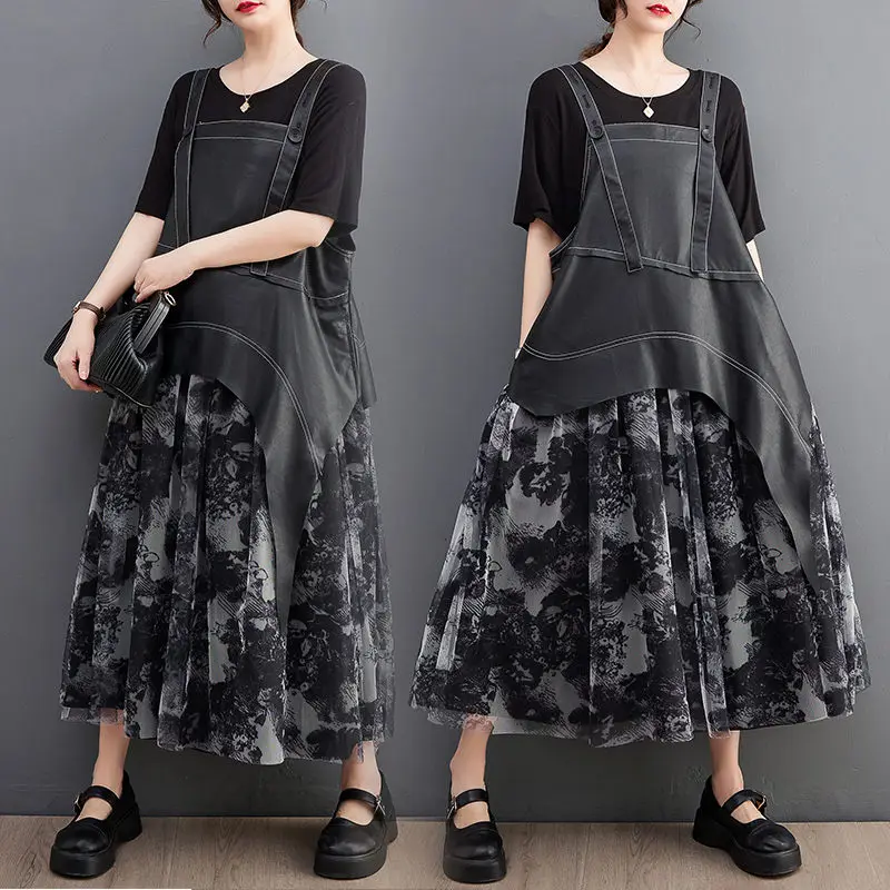 

Платье на бретелях в Корейском стиле 2023, простое и универсальное, темпераментное, свободное, большого размера, тонкое, кожаное, в стиле пэчворк, платье для женщин Z488