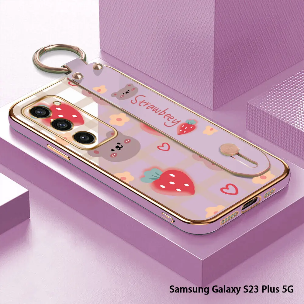 

(With Wristband) For Samsung Galaxy S23 Ultra 5G S22 Plus S23 FE Strawberry Back Cover Luxury Plating TPU Phone Case