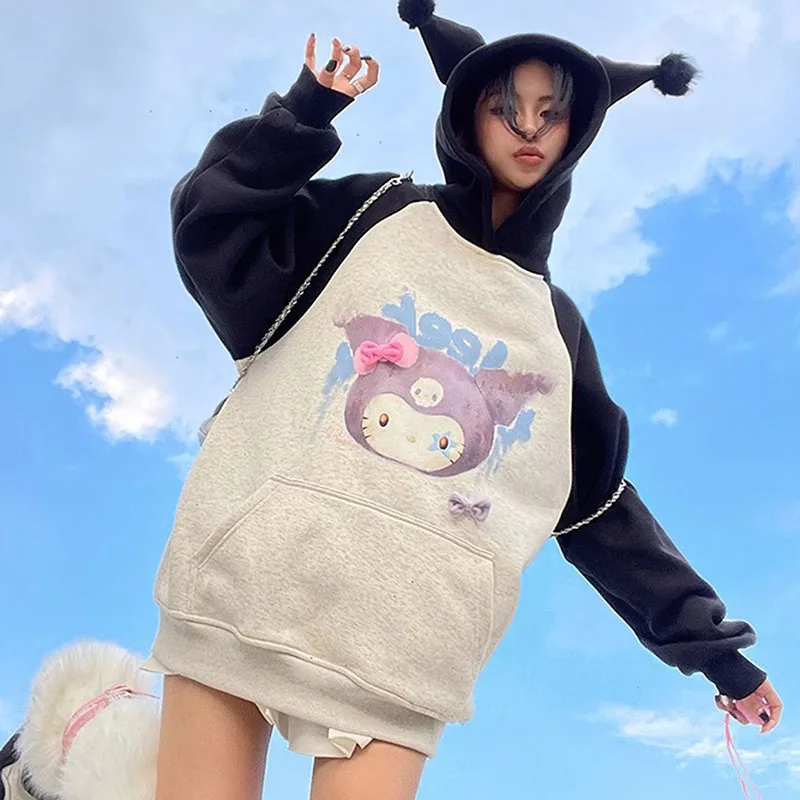 

Kawaii Sanrioed Anime New Kuromi Loose Versatile Hooded Sweatshirt Cute Cartoon Autumn Winter Girls Printed Long Sleeve Jacket