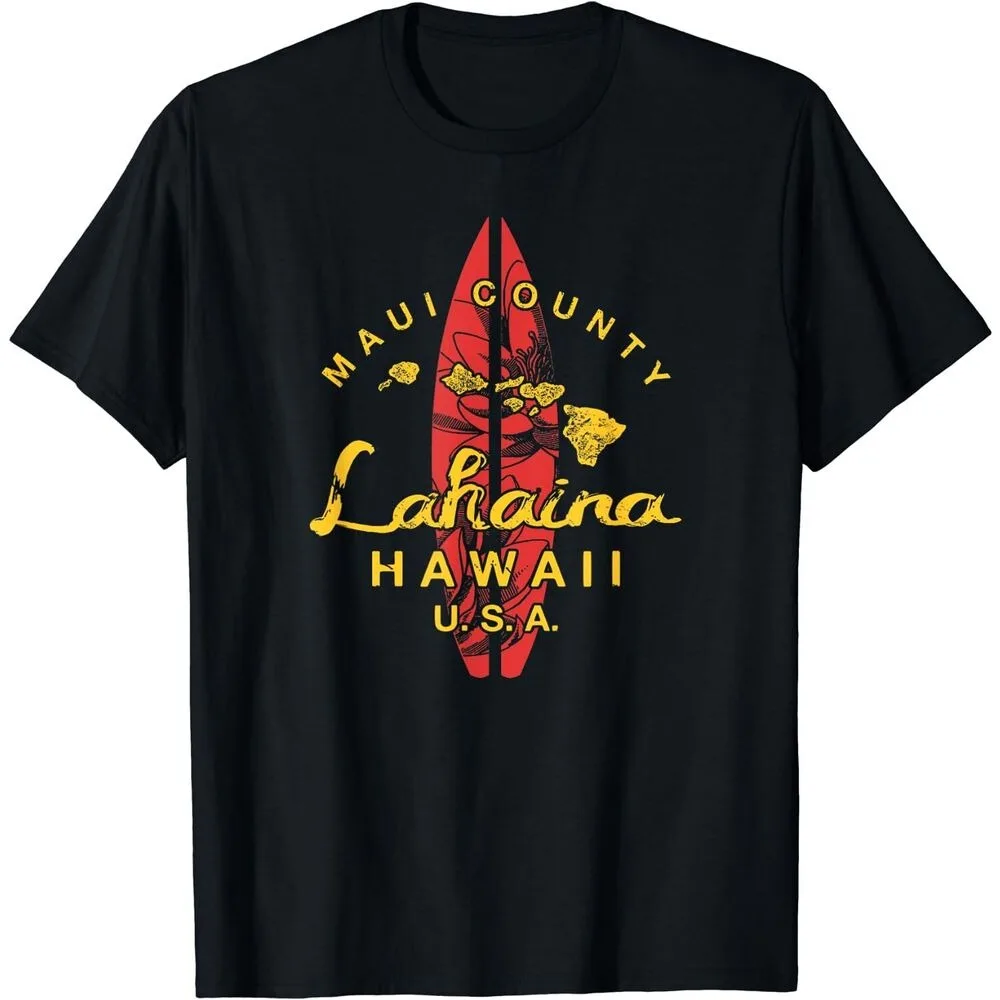 Фото Мужская футболка с винтажным дизайном Hawaii Lahaina Maui, футболка с тематикой серфинга на Гавайских островах, мужская и женская универсальная модная повседневная футболка с круглым вырезом №1
