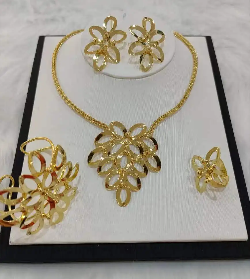 

Jewelry Set For Women Flower Earrings Rhinestone Gold Color Necklace Copper Statement Bracelet Ring For Party Wedding Gift