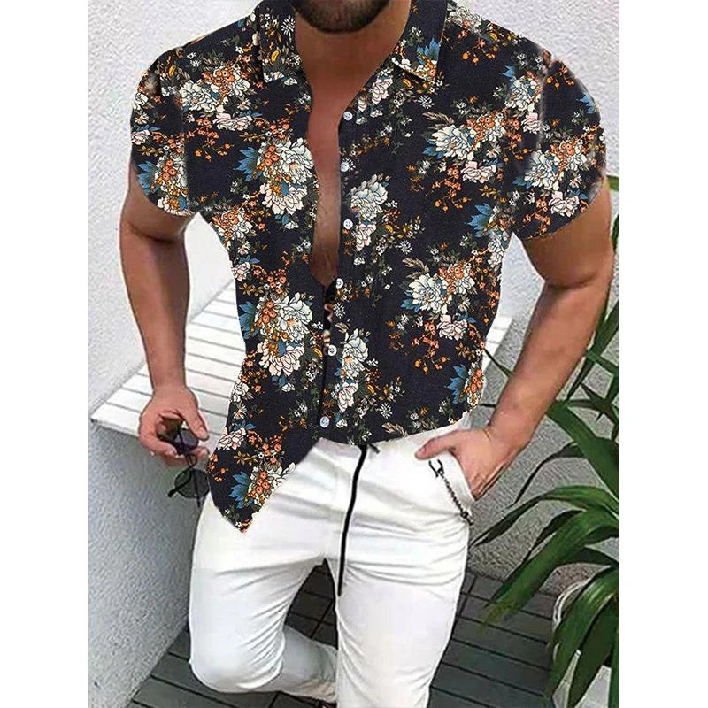 

Fashion Men Shirt Hawaii Buttons Shirts Casual Flowers Print Beach Short Sleeve Tops Blouses Mens Clothes Party Cardigan Camisas