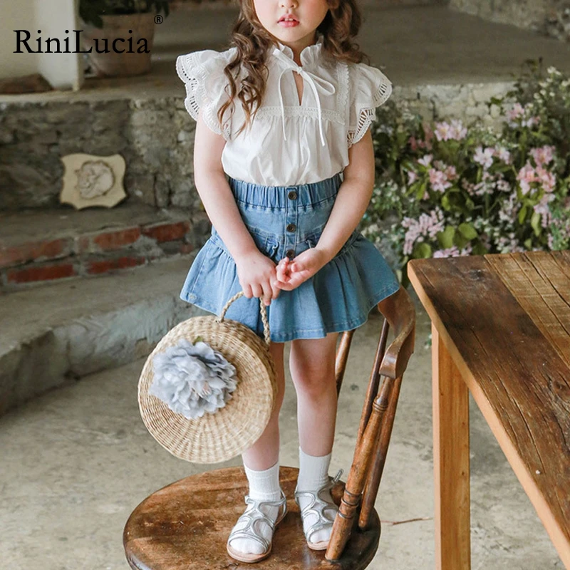 

RiniLucia 2022 Summer Girls Shirt Lace Collar Kids Stand Collar Tees Sleeveless Hollow Out Children Tops Korean Girls Blouse