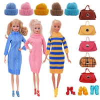 kieka hot sale 16pcs pack playset accessories for doll 3doll winter wool dresses 5wool hat 5bags 3shoes for barbie doll kids toy