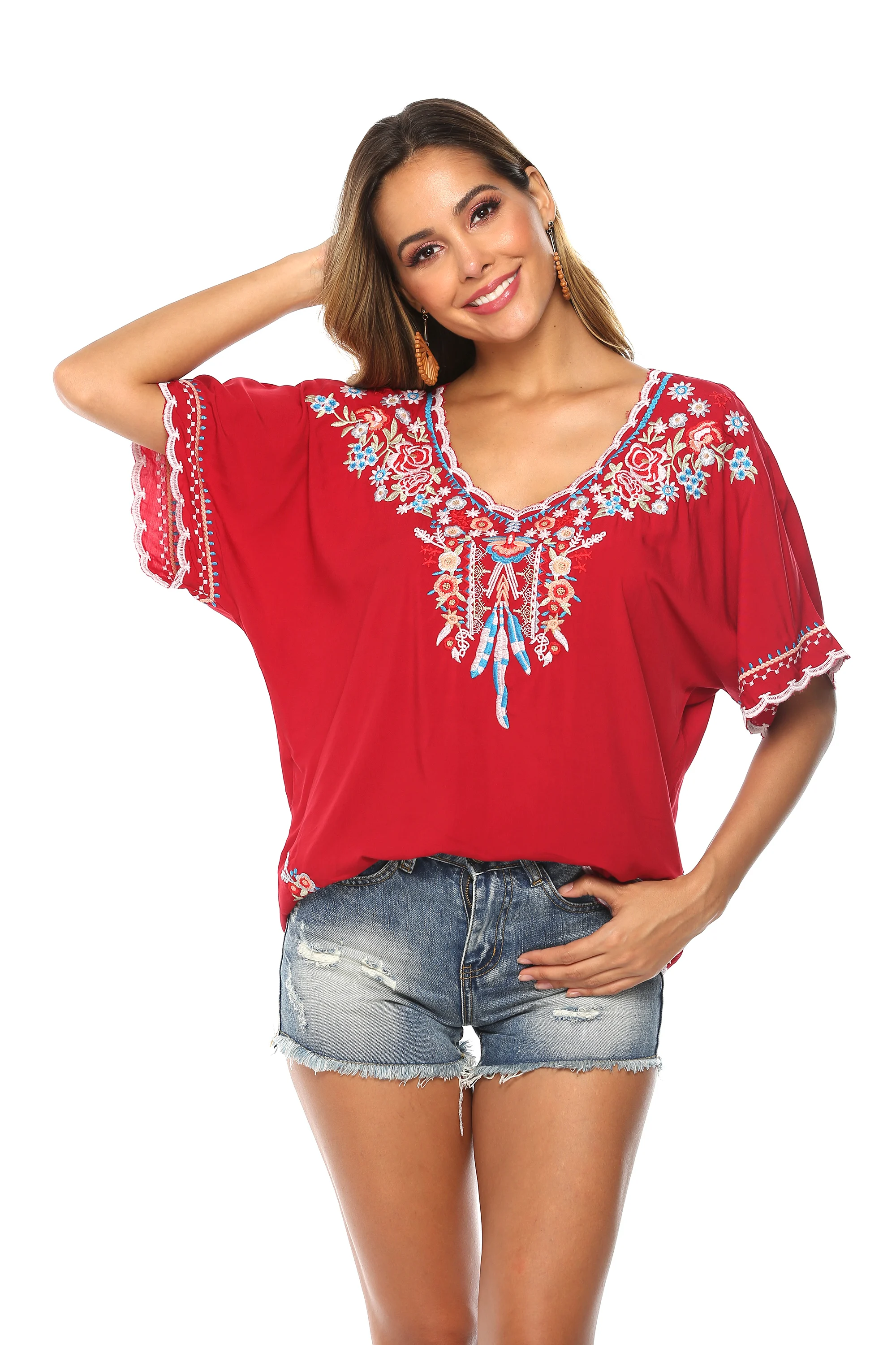 

Eaeovni Bohemian Floral Embroidered Tops For Women Mexican Style Shirts Womens V Neck Boho Summer Peasant Tunics Blouses
