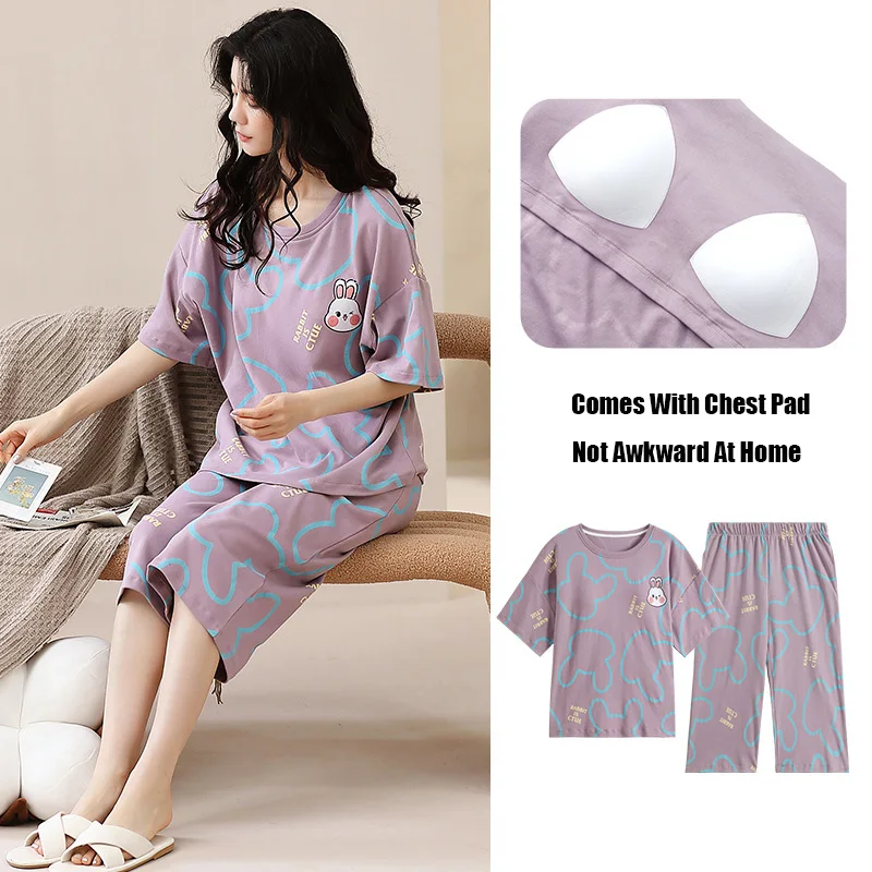 

Summer Cotton Pajama Sets Cute Bunny Women Pyjamas Sleepwear Bust Padded Loungewear Pijama Mujer 5XL Large Size Female Nightwear