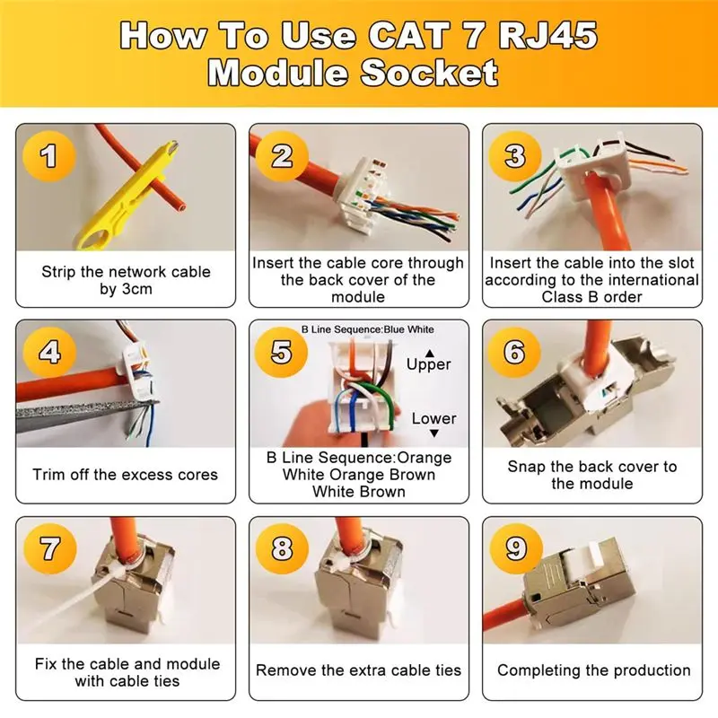 Фото Сетевой разъем LAN для патч-панели CAT7, модуль Keystone RJ45, 10 Гбит/с до 1000 МГц, кабель AWG 22-24 L №3