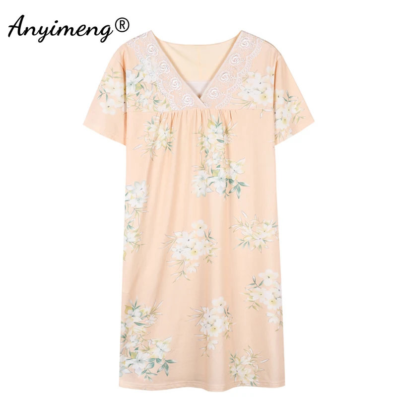 

Ночная рубашка хлопковая, вязаная, с цветочным принтом, для отдыха, летняя