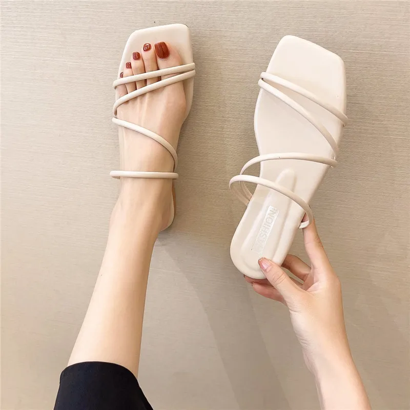 

Slippers women summer 2022 Korean version new square-toe flat-heel candy color fashion outer wear sandals slippers