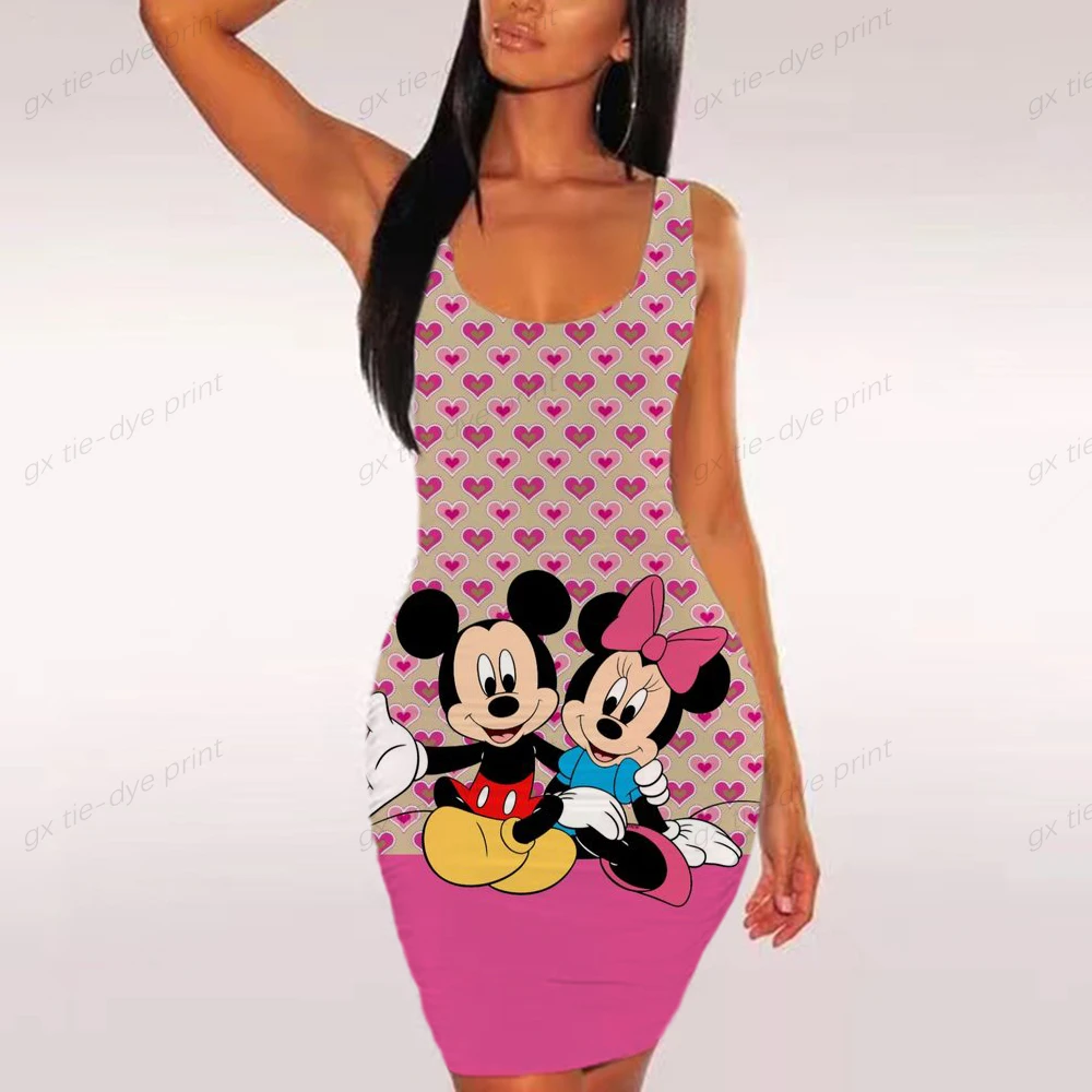 Платье женское летнее облегающее без рукавов с принтом Минни и Микки Маус -