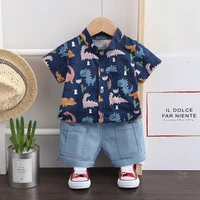 custom baby clothes korean fashion cartoon dinosaur turn down collar shirts tops and shorts two piece boys infant outfits sets