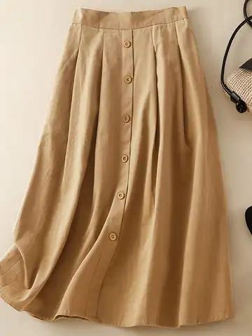Юбка ZANZEA женская с карманами, модная плиссированная однотонная Макси-юбка с завышенной эластичной талией, Повседневная Свободная трапециевидная юбка на пуговицах
