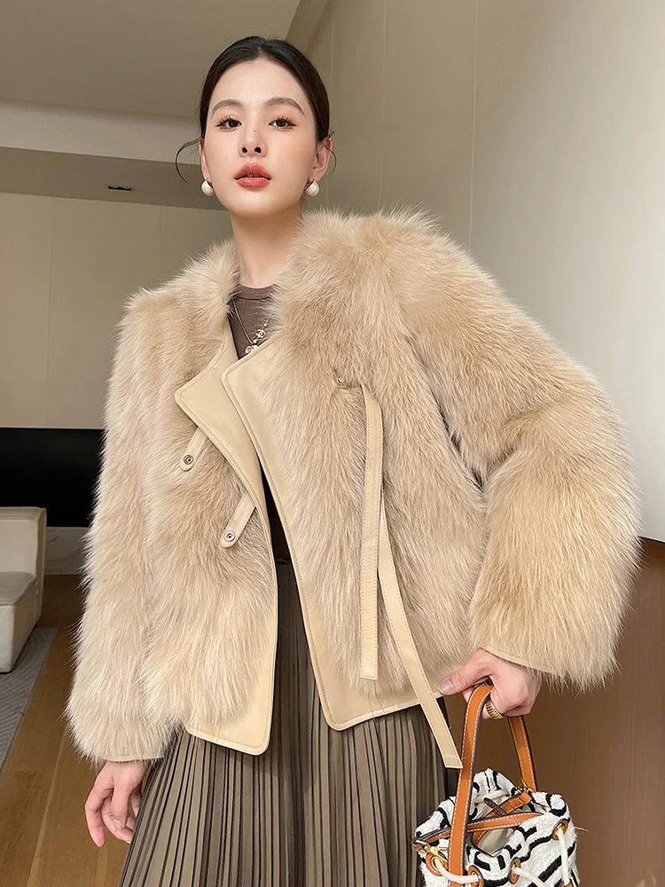 New Women Real Fur Jacket Autumn Winter Fashion Young Style Fox Fur Splicing Sheepskin Double-faced Fur Coat Goose Down Liner