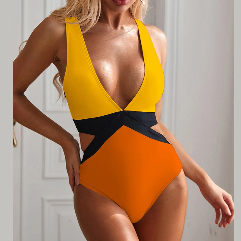 New Sexy Patchwork V Neck One Piece Swimsuit Women Swimwear Female Backless Monokini High cut Bathing Suit Swim Bodysuit