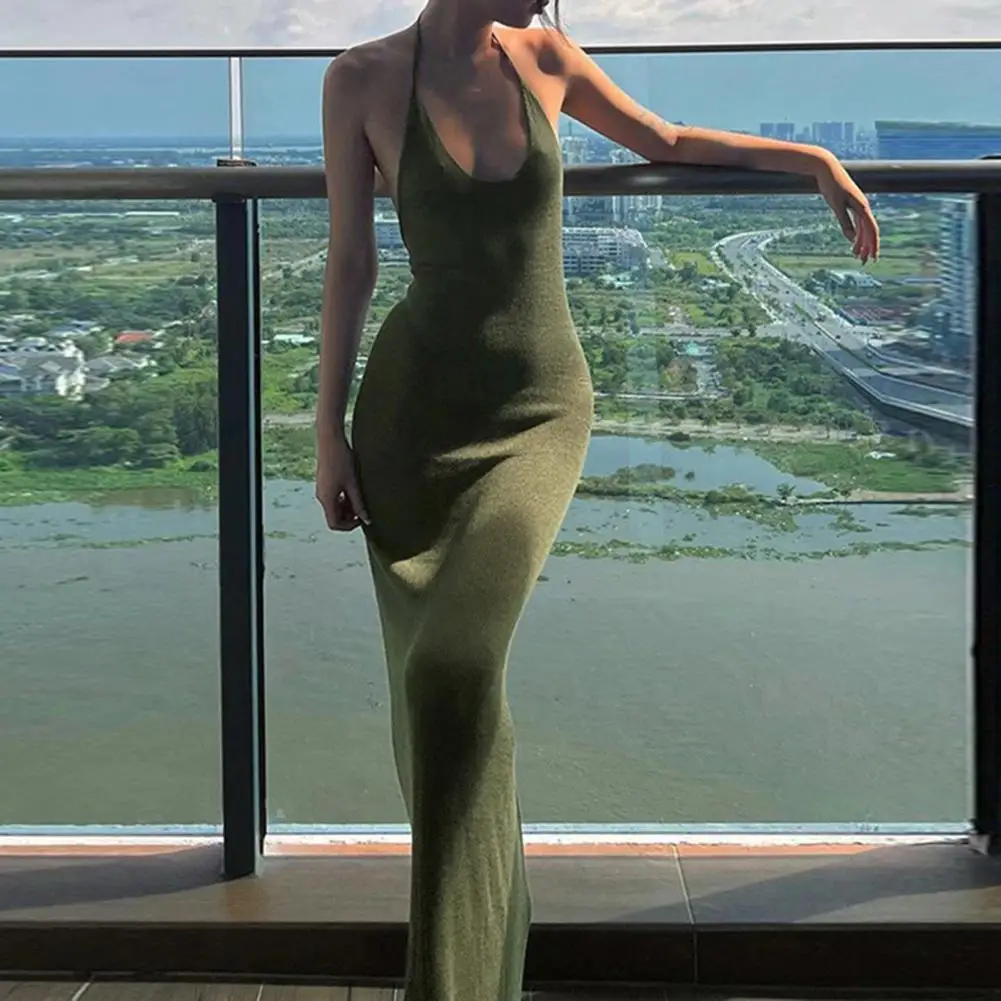 

Sexy Low Collar Off Shoulder Floor-Length Women Dress Halter Sling Backless Bodycon Maxi Dress Slim Fit Stretchy Evening Dress