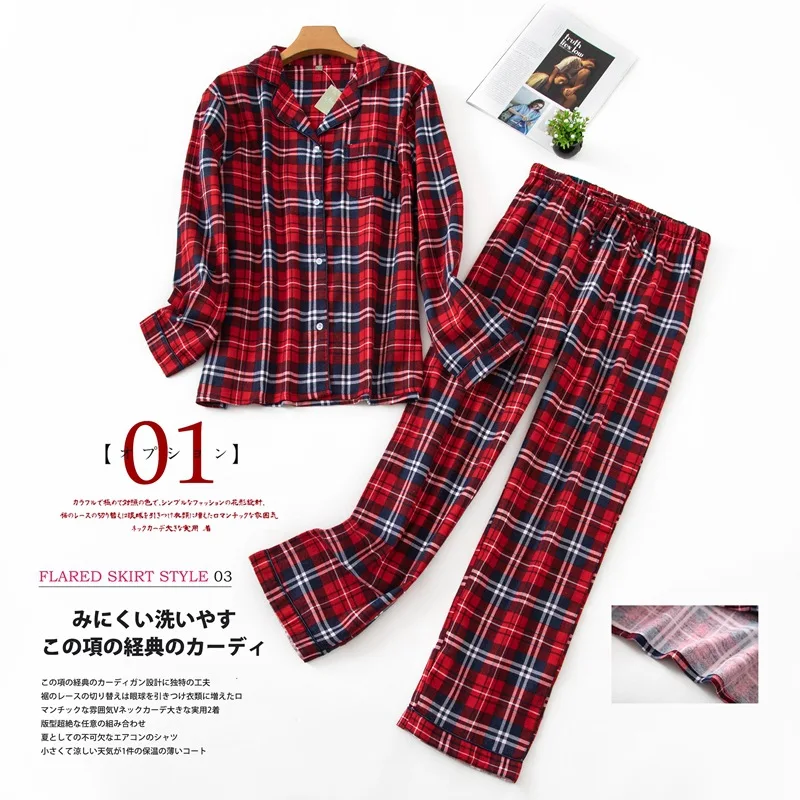 

Women Flannel Pajamas Long Sleeve Trousers Suit Ladies Cotton Plus Size S-XXXL Clothes Plaid Print 2 Piece Set Home Sleepwear