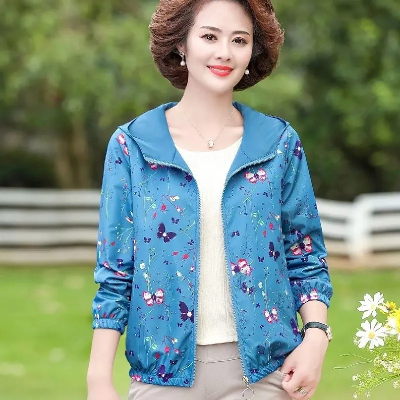 

Mother Wear Spring Autumn Coat Short Jacket 2022 New Summer Middle-aged Elderly Print Casual Women's Hoodie Loose Reversible Top