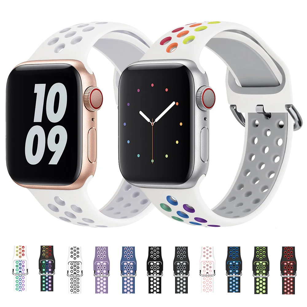 

Ремешок силиконовый дышащий для Apple Watch 8 7 38 40 41 мм, спортивный браслет для nike 42 44 45 49 мм для iWatch Series SE 6 5 4 3 2, двухцветный