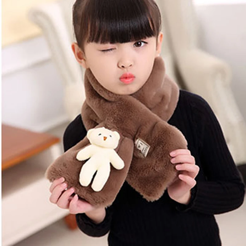 

Детский шарф из искусственного кроличьего меха, однотонный теплый шейный платок с медведем для мальчиков и девочек, Осень-зима