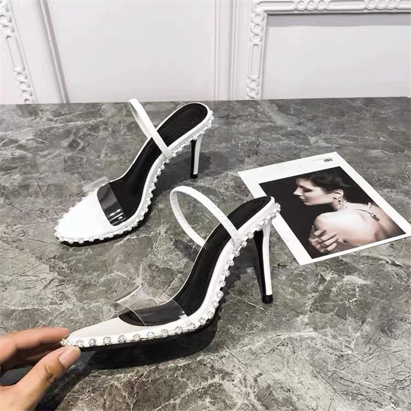 High Heels Women's Beaded Rhinestone Sandals 2023 Summer New Slim Heels Fashion Transparent Women's Shoes Sexy Sandals