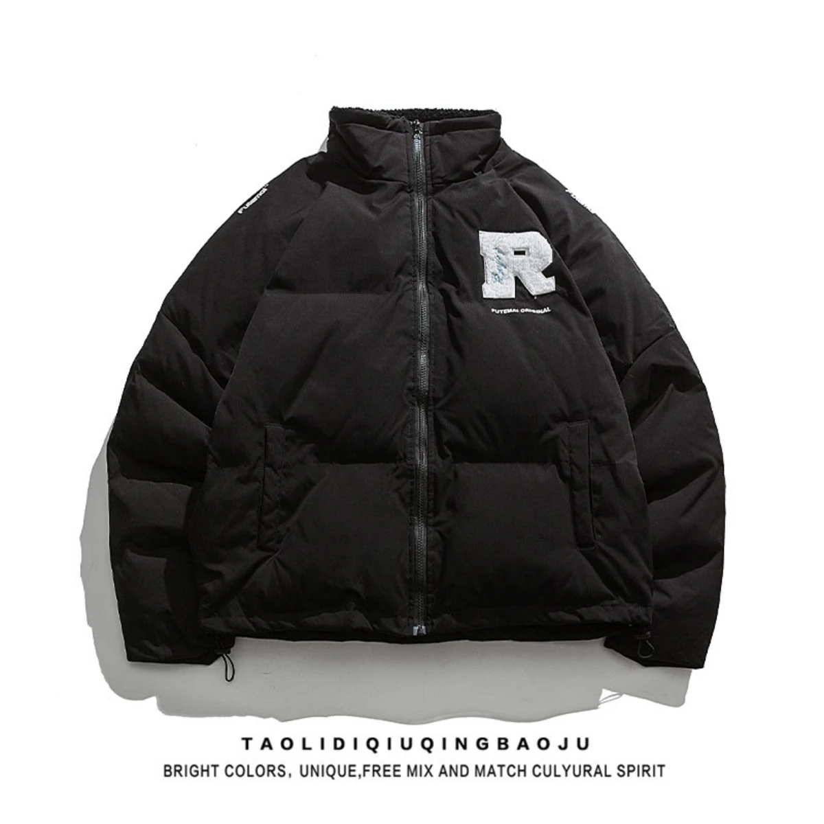 2022 Japanese Tide Sign Letter Embroidery Stand Collar Cotton Suit Women Winter Couple Loose Thick Bread Coat Cotton Jacket