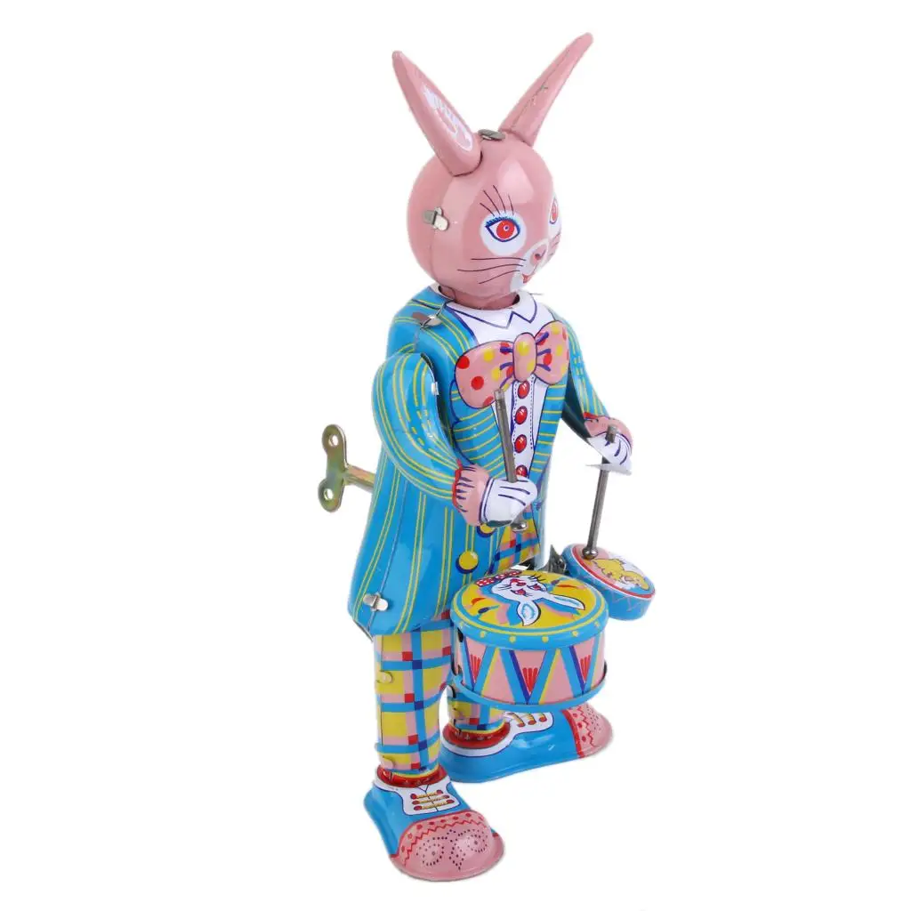 Vintage Wind Up Mr. Rabbit Bunny Drummer Clockwork W/ Key Tin Toy Xmas Gift | Toys