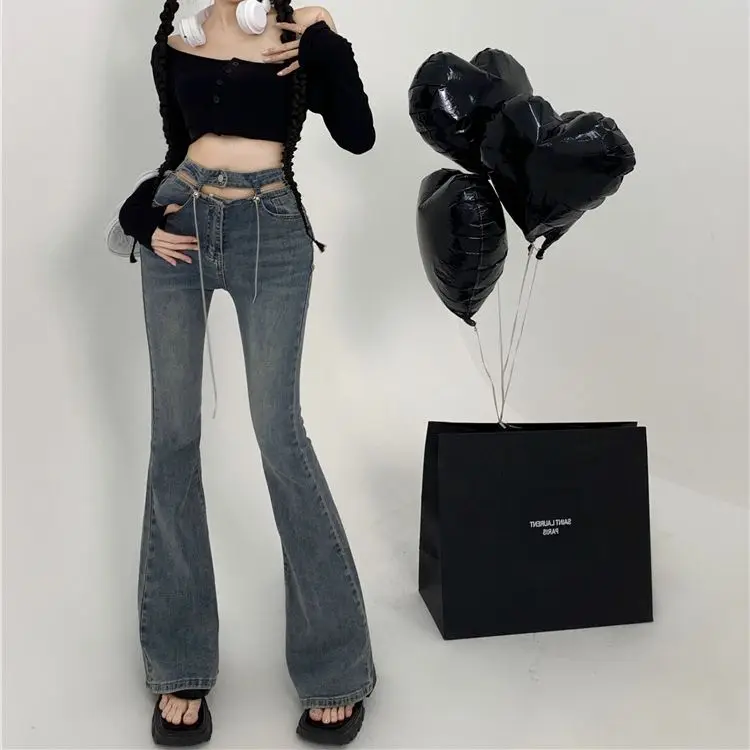 

Hsa женские джинсы из хлопка, джинсовые расклешенные брюки с вырезами на талии, винтажная уличная одежда с высокой талией, узкие брюки для мамы Harajuku, синие джинсы