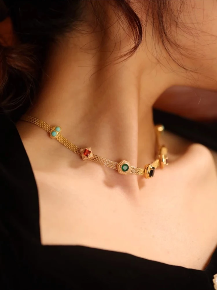 Женское винтажное ожерелье из меди золотистого цвета в стиле ретро с цветными