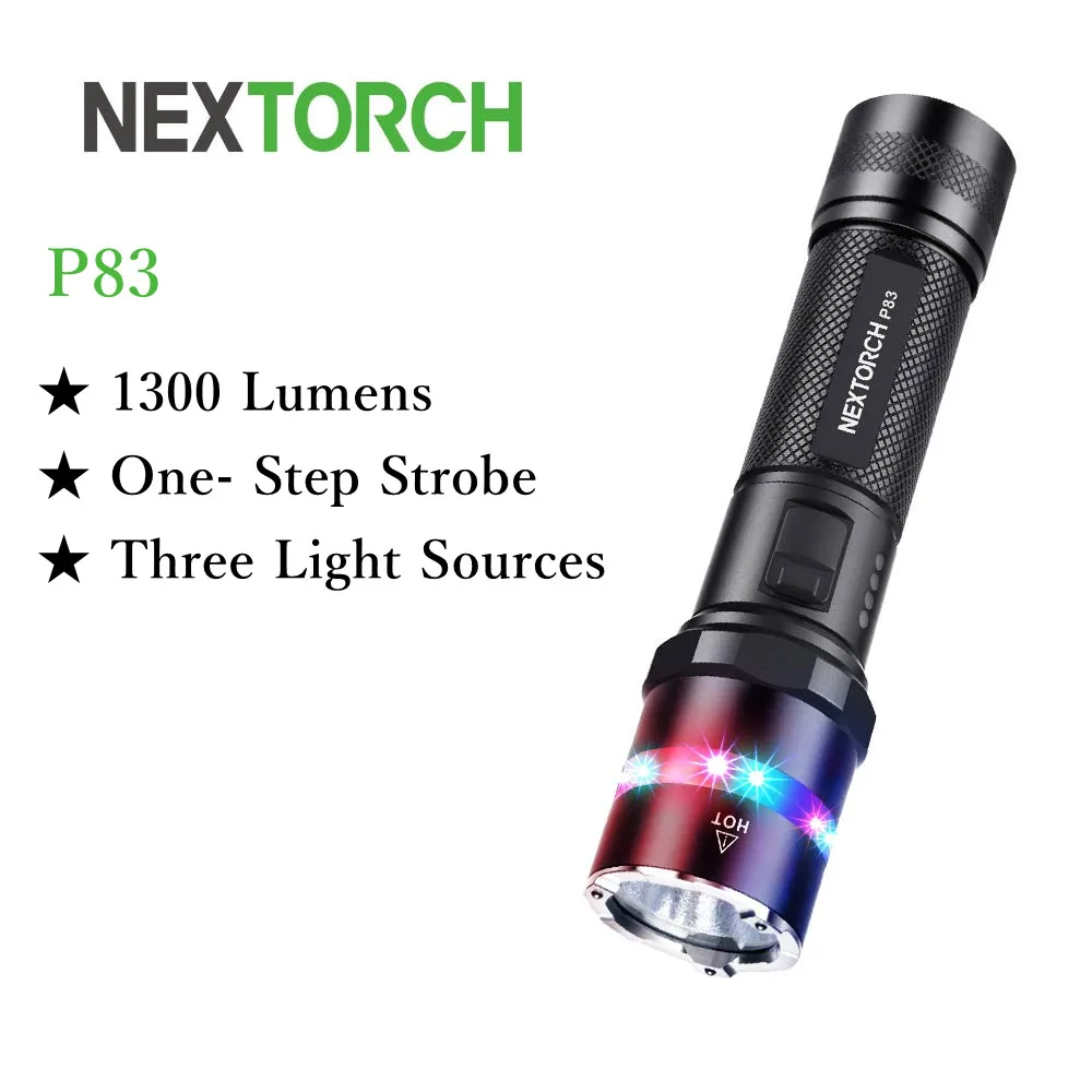 Nextorch Tactical Flashlight P83, 1300 Lumens Rechargeable Powerful Military Tactical Police Torch Light, 3 Light Sources, Witho