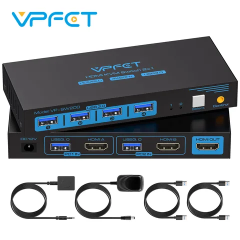 KVM-переключатель HDMI 1 монитор 2 компьютера 4K при 60 Гц KVM-переключатель USB3.0 Порт HDMI для 2 компьютеров Share Клавиатура Мышь и монитор VPFET