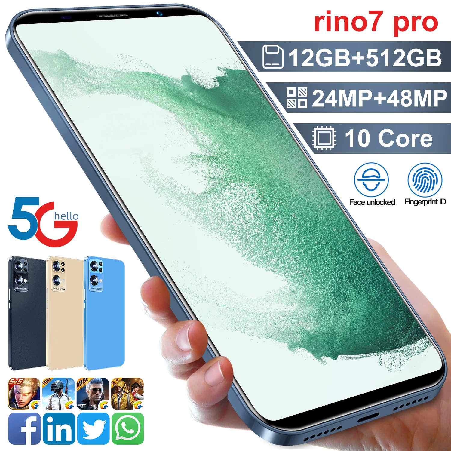 

Global Version New Arrival Rino7 Pro 5.5 Inch Smartphone 5800mAh 10 Core 24+48MP 12G+512G Dual SIM Cellphones Celular 5G Phone