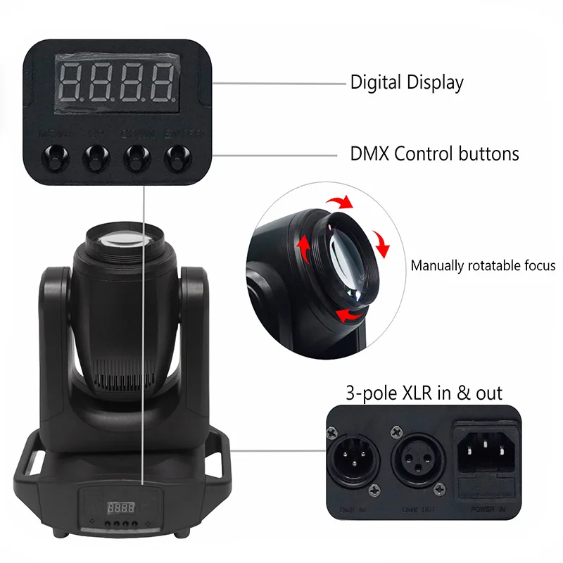 Фото Миниатюрный вращающийся прожектор 120 Вт с управлением DMX512, звуковой активацией, 8 цветами, 10 режимами, RGBW, для дискотек и сценических эффектов №5