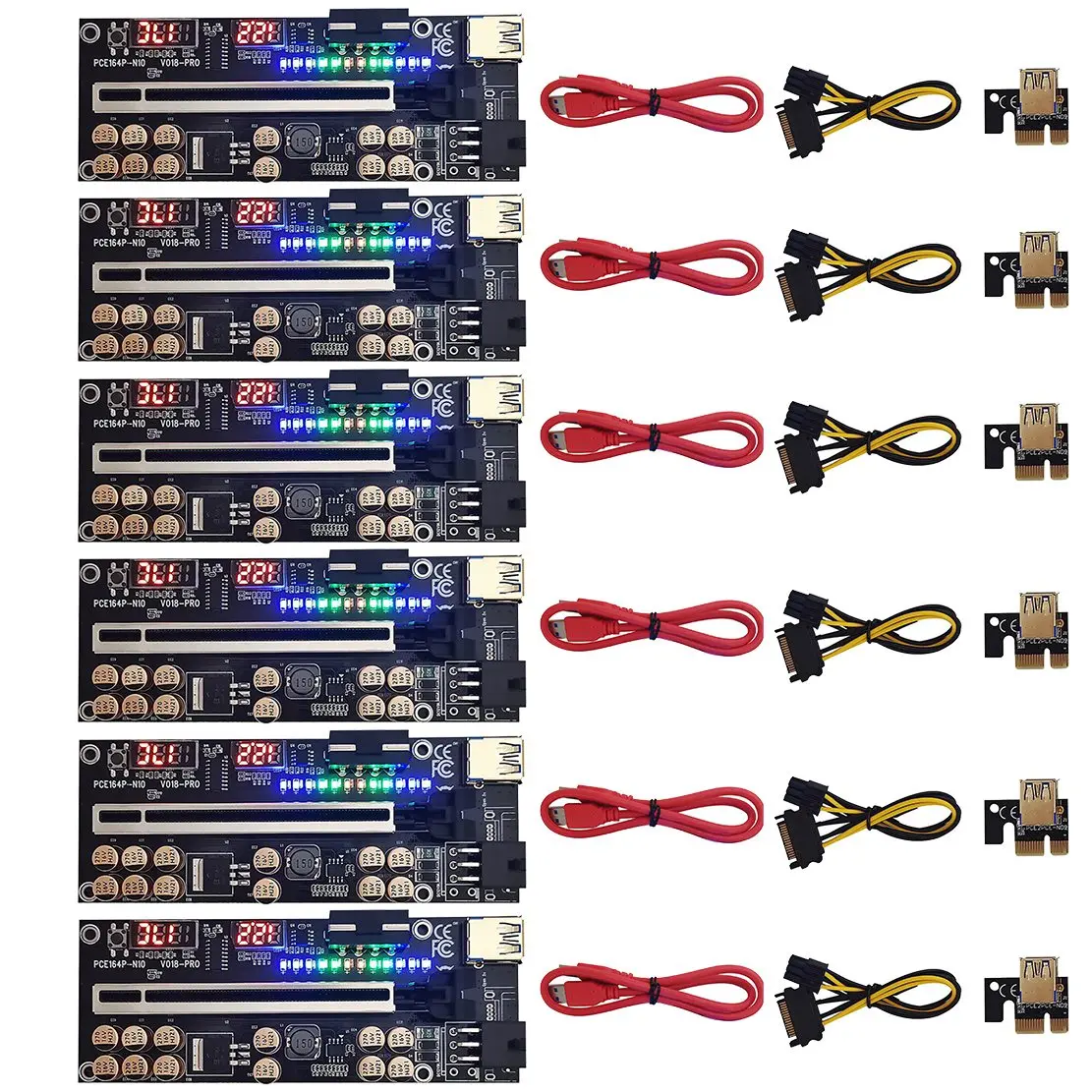 

6 Pcs New VER018 PRO PCI-E 1X to 16X GPU Extension Cable Riser Card with LED Lights/Voltage/Temperature Display Black