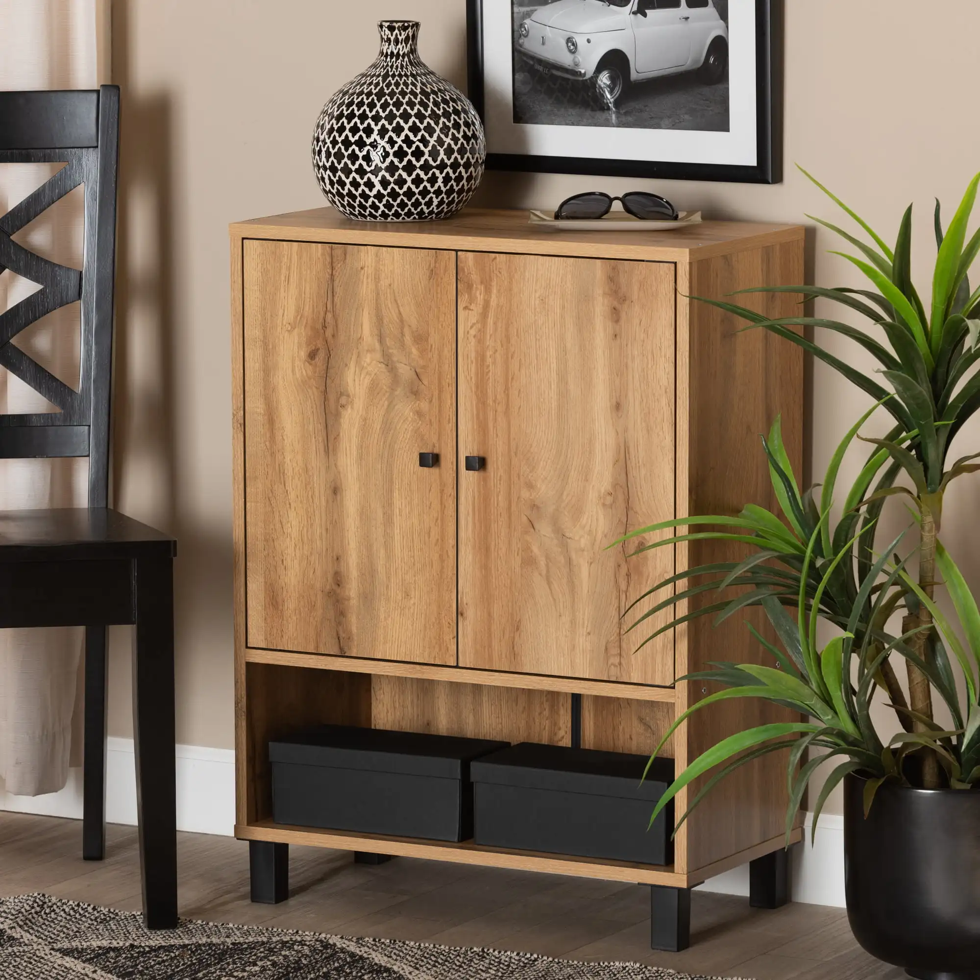 Modern and Contemporary Oak Brown Finished Wood 2-Door Entryway Shoe Storage Cabinet