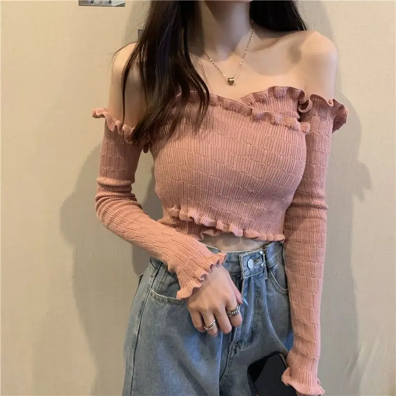 

Slash Neck Long-sleeved T-shirt Women Solid Sexy Short T-shirts 2022 New Autumn Korean Fashion Slim-fitting High-waist T-shirts