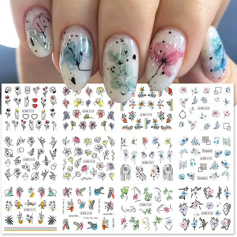 

12PCS Stickers Nail Art Charms Faux Accesorios Designer Supplies Pegatinas Decoration Water Autocollant Leaves Flower Characters
