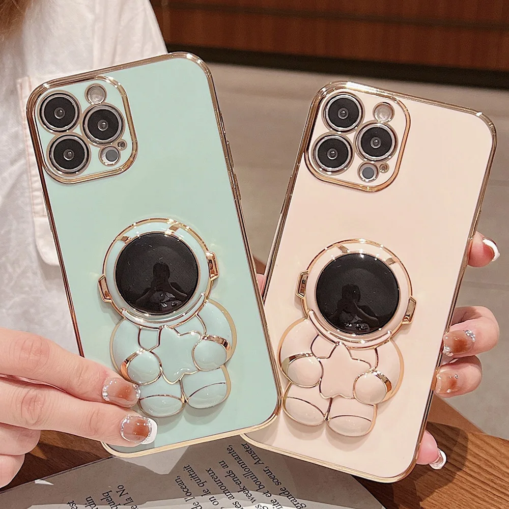 

Astronaut Fold Stand Holder Case for iPhone 14 Pro 13 11 12 Pro Max 13 Mini Xs Max XR X 7 8 Plus SE 2 Luxury Plating Soft Covers